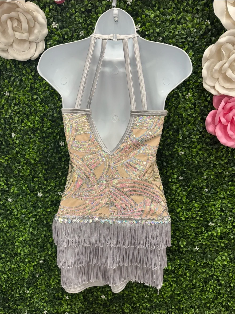 Weissman Nude and Silver Sequin Fringe Halter Dance Costume